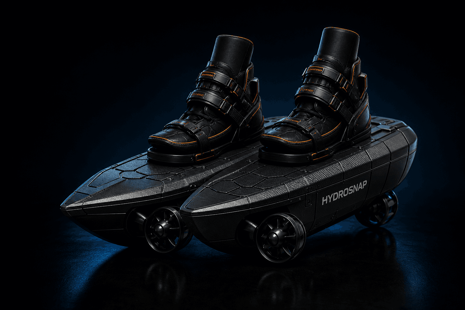 Hydreon motorized water-ski shoe with boat hull and corner thrusters